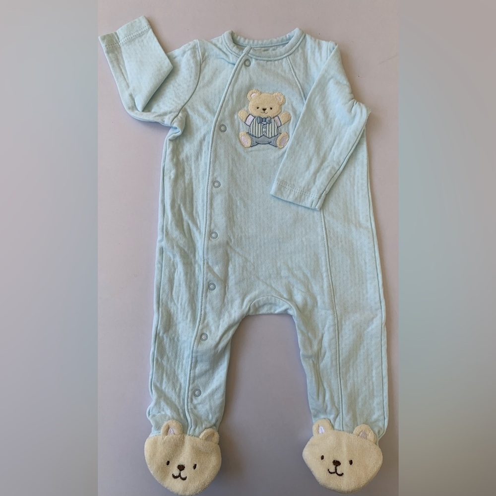 Little Me Blue and Cream Footie One Piece with Teddy Bear Design